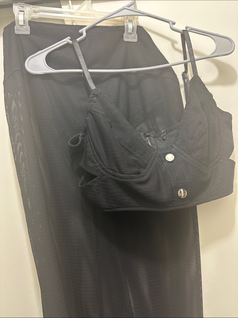 Black Mesh Two-Piece Set - Button Detail Crop Top & Skirt